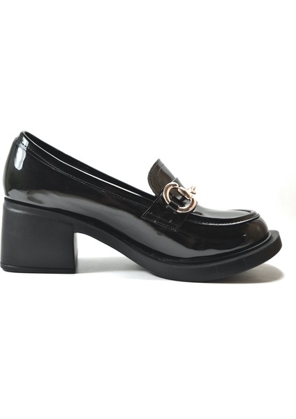 2104 Siyah Rugan Kalın Topuklu Mokasen Kadın Ayakkabı