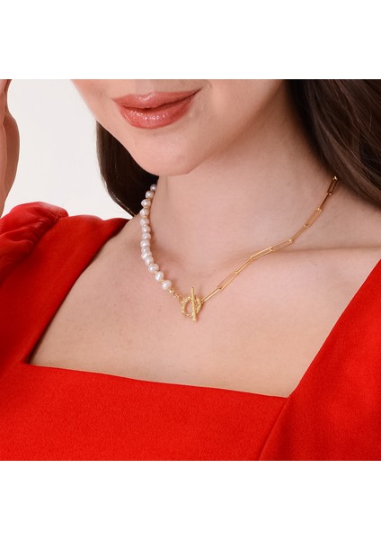 14 K Gold Kaplama 925 Ayar Gümüş T Bar Organik Inci Dorika Kolye