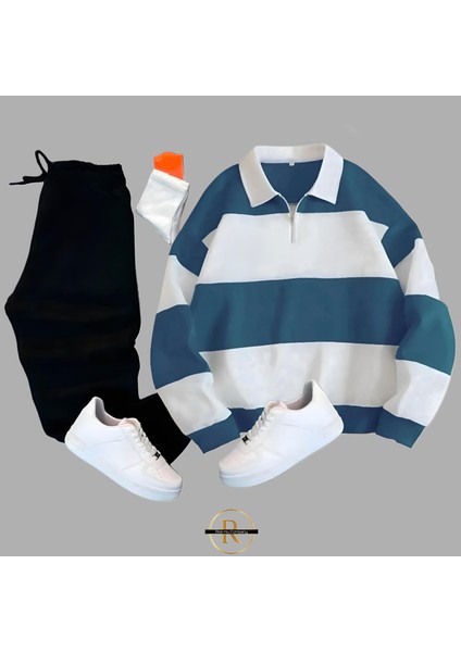 3 Iplik Şardonlu Bloklu Yarım Fermuarlı Sweatshirt - Eşofman Altı 2li Takım