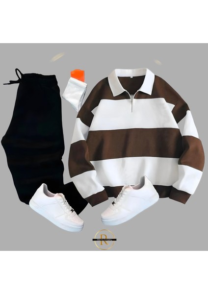 3 Iplik Şardonlu Bloklu Yarım Fermuarlı Sweatshirt - Eşofman Altı 2li Takım