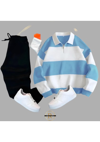 3 Iplik Şardonlu Bloklu Yarım Fermuarlı Sweatshirt - Eşofman Altı 2li Takım