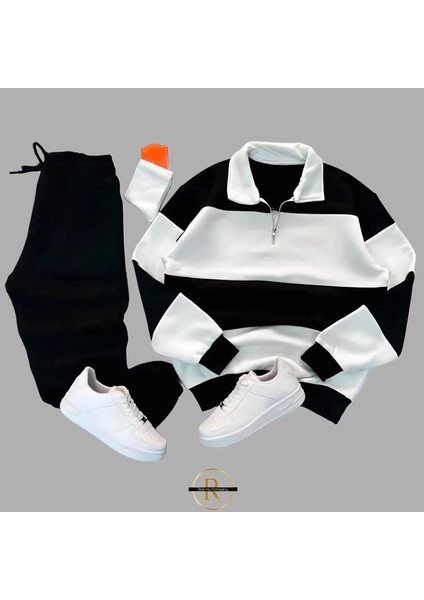 3 Iplik Şardonlu Bloklu Yarım Fermuarlı Sweatshirt - Eşofman Altı 2li Takım