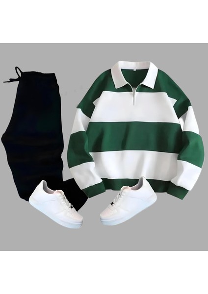 3 Iplik Şardonlu Bloklu Yarım Fermuarlı Sweatshirt - Eşofman Altı 2li Takım