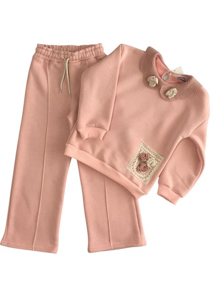 Kız Çocuk Pamuklu Bebe Yaka Dantel ve Gül Detaylı Pembe Sweatshirt Geniş Paça Eşofman Alt Üst Takım