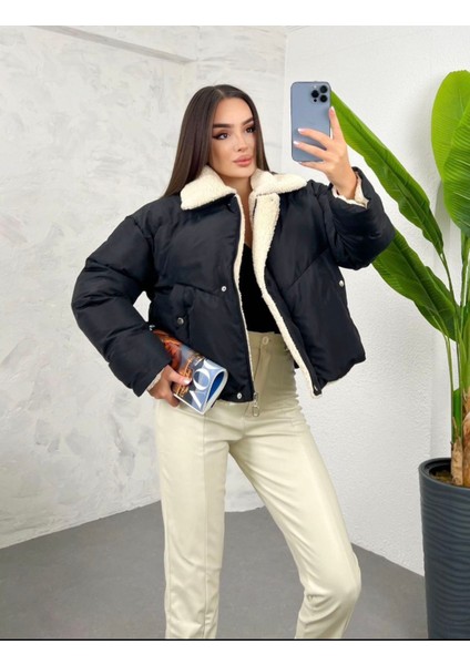 Siyah Peluş Detaylı Şişme Mont fiyatları