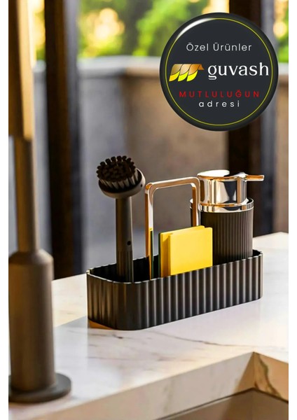 Nova Oval Hazneli Silver Lüx Fırçalı Mutfak Seti & Sıvı Sabunluk Mutfak Banyo Süngerlik & Sabunluk