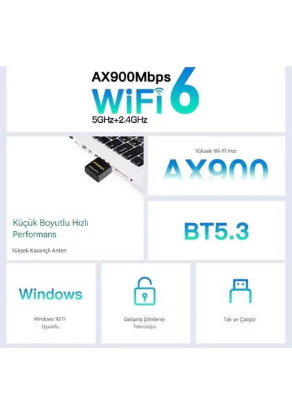 Wifi-6 Wifi+Bluetooth 5.3 Adaptörü CE Sertifikalı Yüksek Çekim Düşük Gecikme Süper Hızlı Çift Bant 900Mbps/5Ghz/2.4Ghz