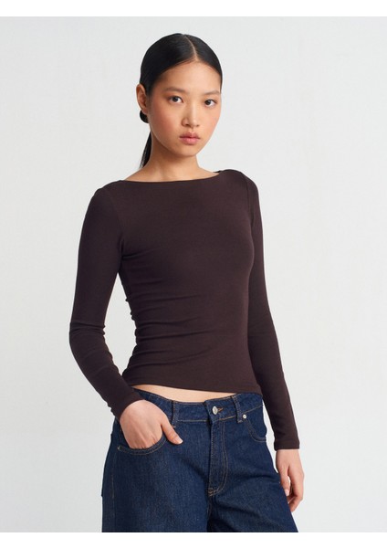 31332 Kayık Yaka Uzun Kollu Top-Koyu Kahve