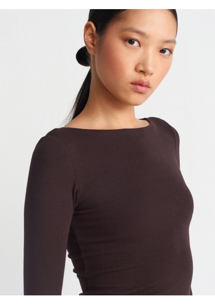 31332 Kayık Yaka Uzun Kollu Top-Koyu Kahve fırsatları