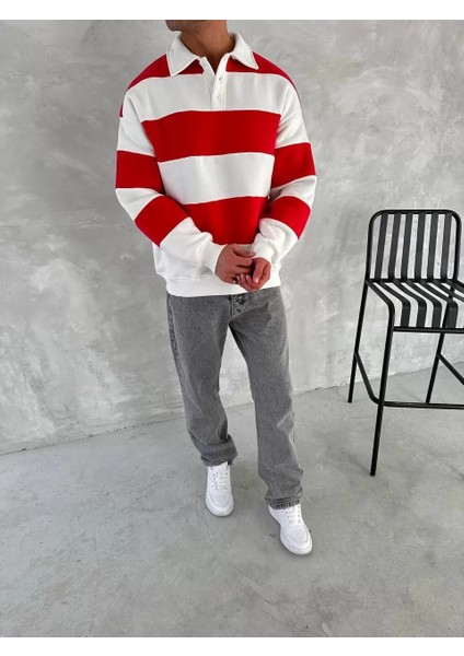 Unisex Üç Iplik Parçalı Yakalı Sweatshirt - Kırmızı