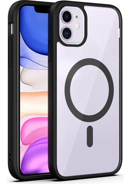 Apple iPhone 11 Kapak Renkli Mag Safe Özellikli Kamera Bölümü Açık Sert Silikon Kılıf - Siyah