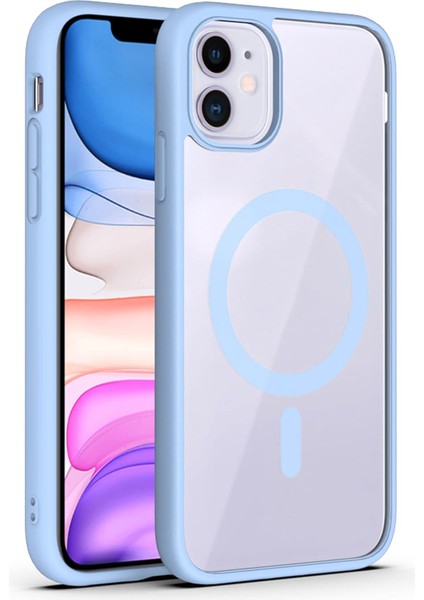 Apple iPhone 11 Kapak Renkli Mag Safe Özellikli Kamera Bölümü Açık Sert Silikon Kılıf - Mavi