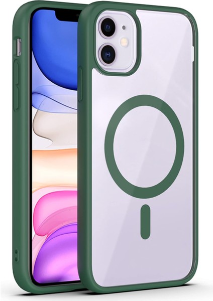 Apple iPhone 11 Kapak Renkli Mag Safe Özellikli Kamera Bölümü Açık Sert Silikon Kılıf - Yeşil