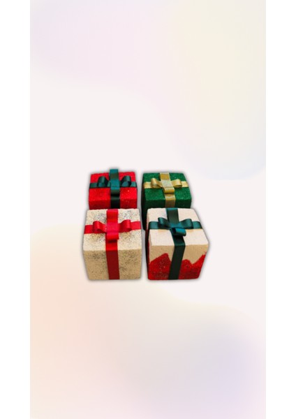 Yılbaşı Ağacı Süsü Renkli Simli, Kurdelalı Strafor Hediye Kutusu Set 10 cm
