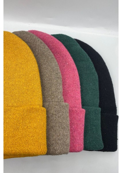 Unisex Düz Basic Katlamalı Kışlık 5'li Bere Takımı