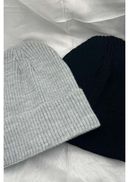 2 Adet Erkek ve Kadın Yumuşak Dokulu Fitilli Kışlık Siyah Gri Rengi Bere Set