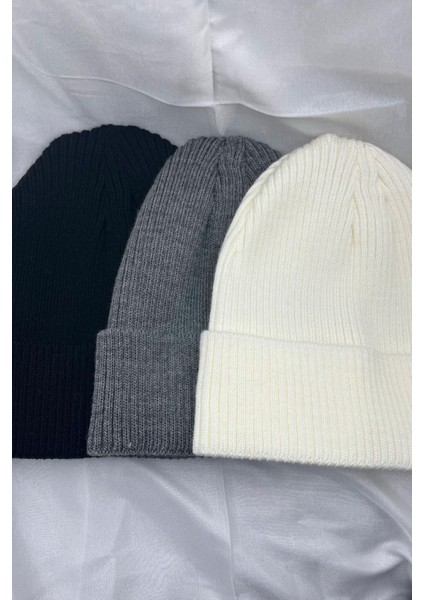 3 Adet Erkek ve Kadın Yumuşak Dokulu Kışlık Fitilli Siyah Beyaz Füme Rengi Bere Set