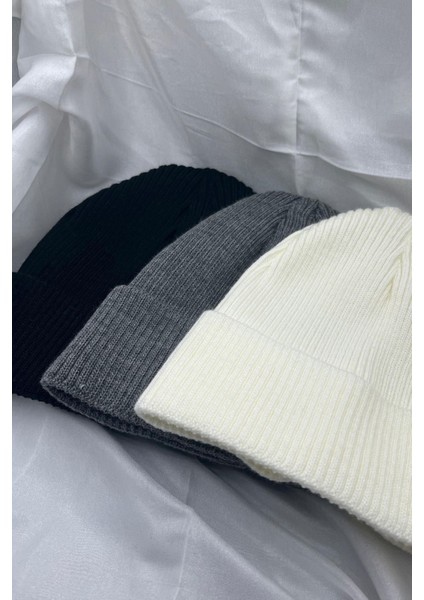 3 Adet Erkek ve Kadın Yumuşak Dokulu Kışlık Fitilli Siyah Beyaz Füme Rengi Bere Set fiyatları