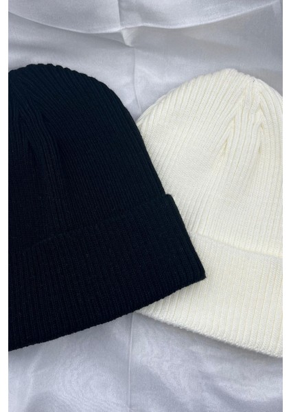 2 Adet Erkek ve Kadın Yumuşak Dokulu Fitilli Kışlık Siyah Beyaz Rengi Bere Set