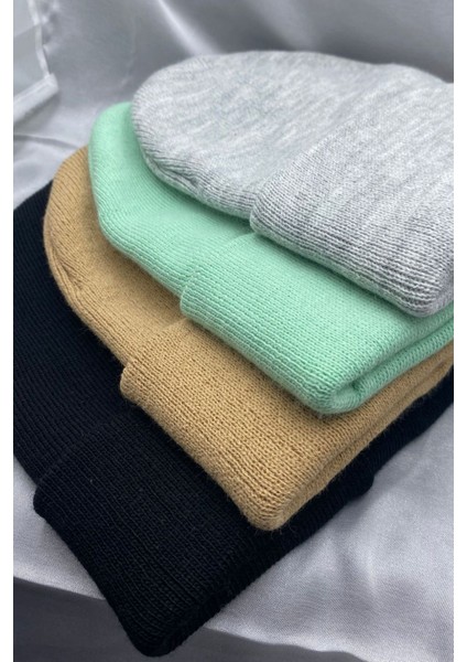 Unisex Düz Basic Katlamalı Kışlık 4'lü Bere Takımı