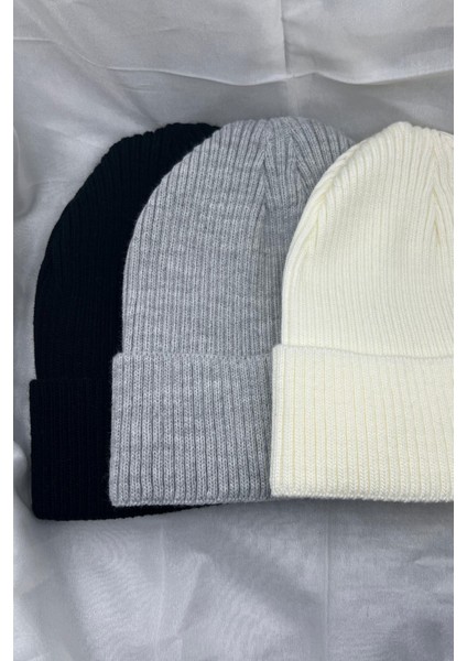 3 Adet Erkek ve Kadın Yumuşak Dokulu Kışlık Fitilli Siyah Beyaz Gri Rengi Bere Set