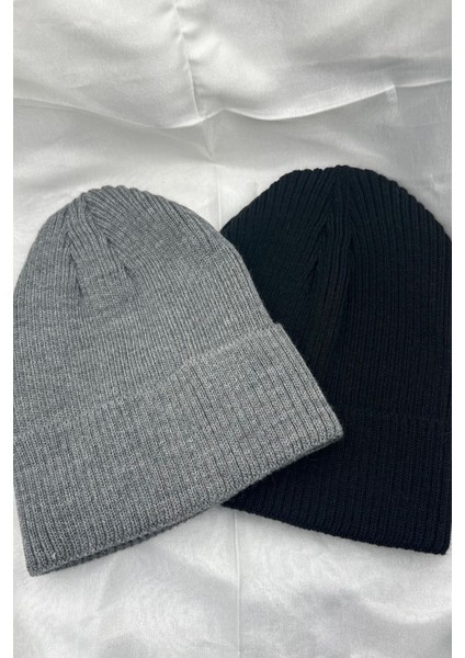 2 Adet Erkek ve Kadın Yumuşak Dokulu Fitilli Kışlık Siyah Füme Rengi Bere Set