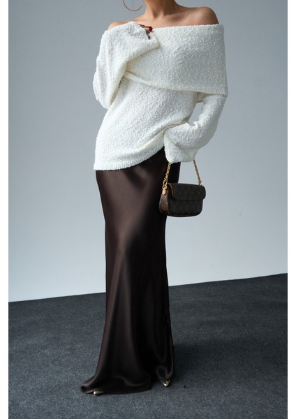 Kadın Krem Omuzları Açık Dokulu Kazak