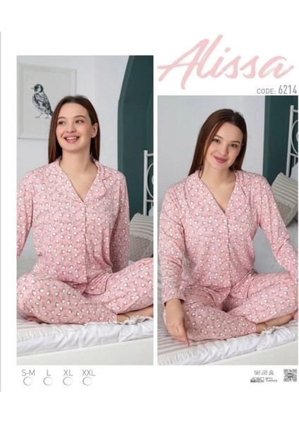 Alissa 6214 Bayan Önü Düğmeli Desenli Uzun Kol Pijama Takımı