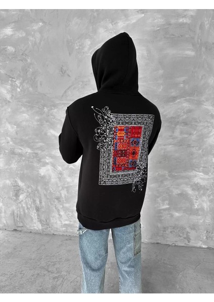 Uzun Kol Kapşonlu Ön ve Arka Baskılı Sweatshirt - Siyah fiyatları