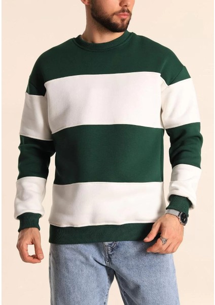 Parçalı Bisiklet Yaka Baskılı Sweatshirt - Yeşil