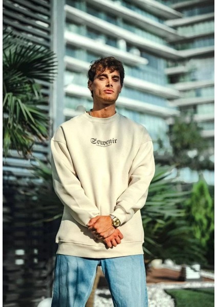 Oversize Bisiklet Yaka Baskılı Sweatshirt - Beyaz