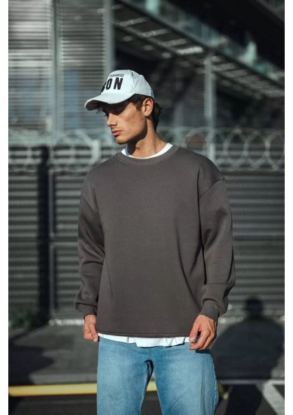 Kışlık Bisiklet Yaka Üç Iplik Basic Sweatshirt - Antrasit