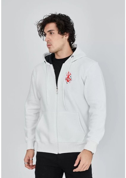 Unisex Baskılı Tam Fermuarlı Kapşonlu Sweatshirt - Beyaz fiyatları