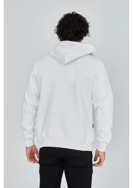 Unisex Tam Fermuarlı Kapşonlu Sweatshirt - Beyaz fırsatları