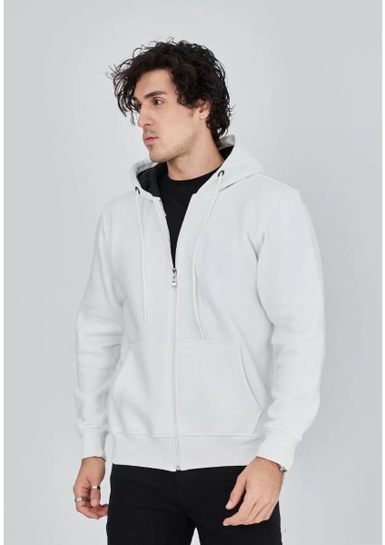 Unisex Tam Fermuarlı Kapşonlu Sweatshirt - Beyaz indirimleri