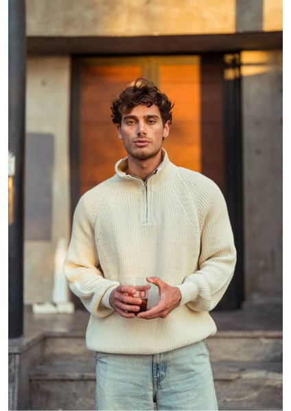 Bafatex Erkek Oversize Yarım Fermuarlı Triko Kazak