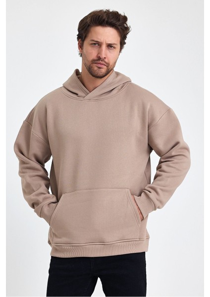 Bafatex Erkek Oversize 3 Iplik Kapşonlu Sweatshirt Krem