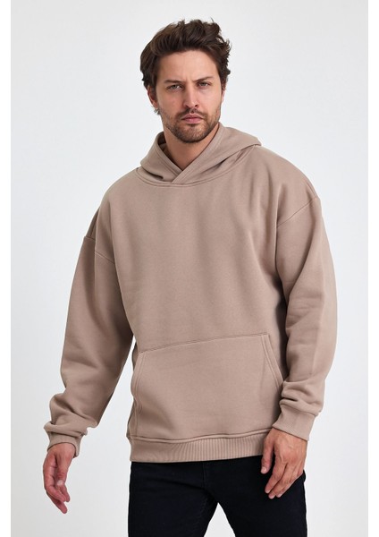 Bafatex Erkek Oversize 3 Iplik Kapşonlu Sweatshirt Krem modelleri