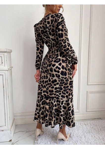 Kadın Uzun Kollu Kruvaze Yakalı Belden Kuşaklı Leopar Desenli Elbise indirimleri