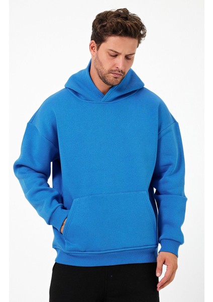 Bafatex Erkek Oversize 3 Iplik Kapşonlu Sweatshirt Mavi