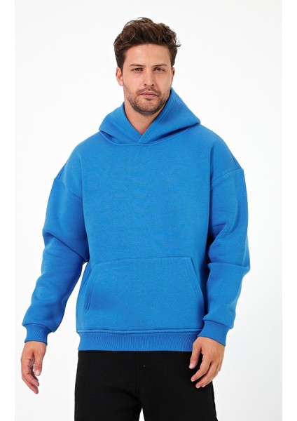 Bafatex Erkek Oversize 3 Iplik Kapşonlu Sweatshirt Mavi modelleri