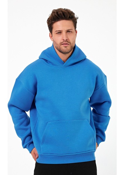 Bafatex Erkek Oversize 3 Iplik Kapşonlu Sweatshirt Mavi indirimleri