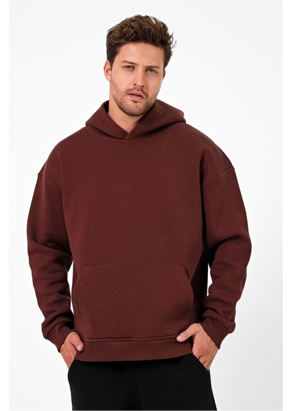 Bafatex Erkek Oversize 3 Iplik Kapşonlu Sweatshirt Kahverengi