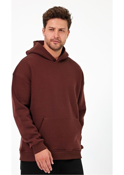 Bafatex Erkek Oversize 3 Iplik Kapşonlu Sweatshirt Kahverengi fırsatları