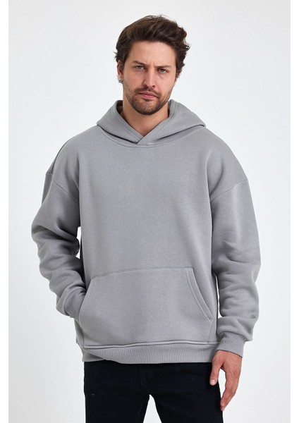 Bafatex Erkek Oversize 3 Iplik Kapşonlu Sweatshirt Gri