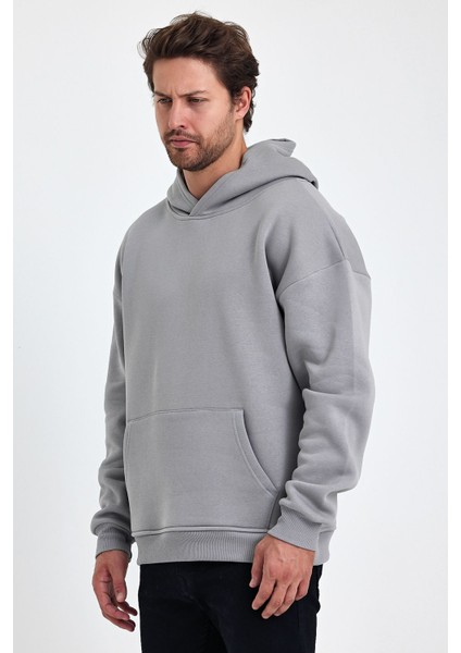 Bafatex Erkek Oversize 3 Iplik Kapşonlu Sweatshirt Gri modelleri