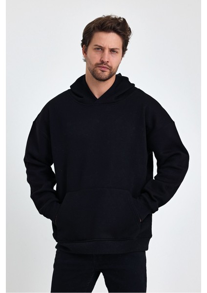 Bafatex Erkek Oversize 3 Iplik Kapşonlu Sweatshirt Siyah
