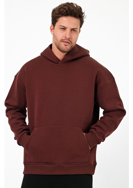 Bafatex Erkek Oversize 3 Iplik Kapşonlu Sweatshirt Kahverengi
