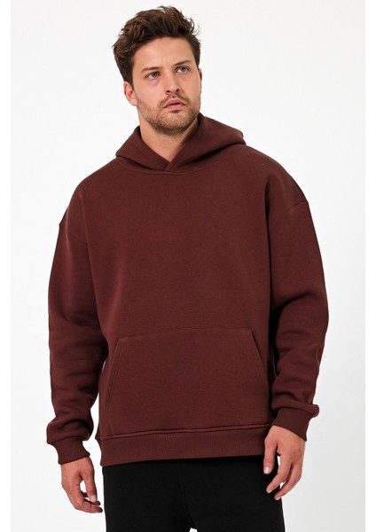 Bafatex Erkek Oversize 3 Iplik Kapşonlu Sweatshirt Kahverengi