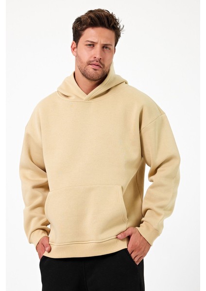 Bafatex Erkek Oversize 3 Iplik Kapşonlu Sweatshirt Bej